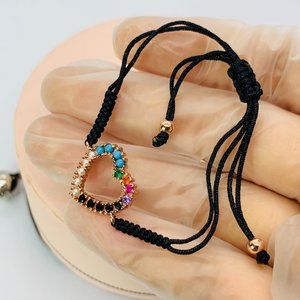 Tous Rose Gold Vermeil San Valentín heart Bracelet with Gemstones and black Cord